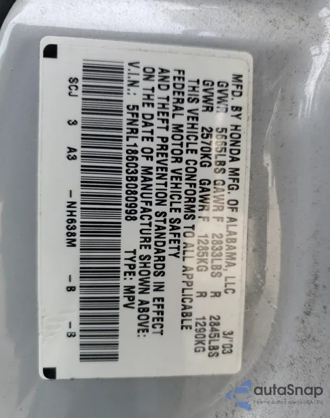 2003 Honda Odyssey Ex z USA, uszkodzony, nr VIN 5FNRL18603B080998